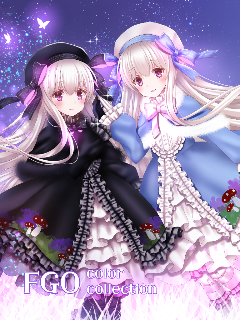 2girls alice_(fate/extra) black_bow black_dress black_gloves black_headwear blue_bow blue_dress bow bowtie bug butterfly closed_mouth doll_joints dress fate/extra fate/grand_order fate_(series) food_print frilled_dress frills gloves hat hat_bow insect long_hair looking_at_viewer multiple_girls mushroom_print nursery_rhyme_(fate/extra) open_mouth print_dress purple_bow purple_eyes smile white_bow white_gloves white_hair white_headwear yuzushiro