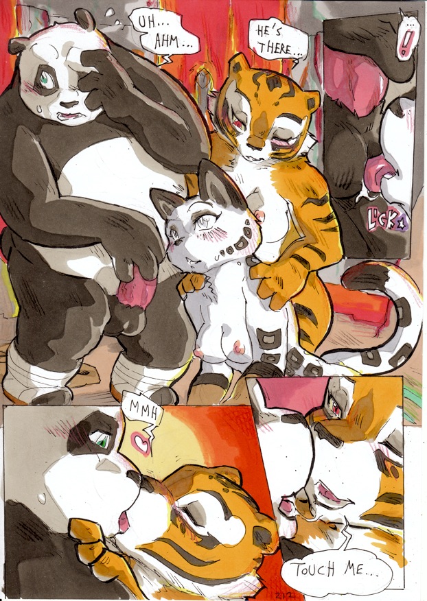 ! 2014 anthro ball_lick balls better_late_than_never bisexual black_body black_fur black_nose blush bodily_fluids breasts comic daigaijin dialogue dreamworks english_text erection felid female female/female fur genital_fluids giant_panda green_eyes group kissing kung_fu_panda leopard licking male male/female mammal master_po_ping master_tigress nipples nude one_eye_closed oral painting_(artwork) pantherine penis precum red_eyes saliva sex smile snow_leopard song_(kung_fu_panda) speech_bubble sweat text tiger tongue tongue_out traditional_media_(artwork) ursid watercolor_(artwork) white_body white_fur yellow_body yellow_fur