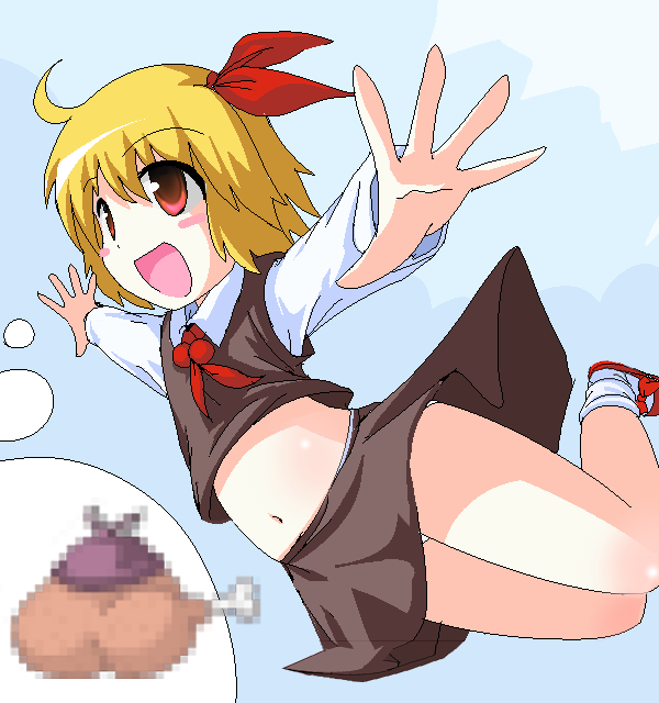 ahoge blonde_hair brown_eyes censored chicken_(food) des food hair_ribbon hat imagining midriff mystia_lorelei navel oekaki open_mouth outstretched_arms panties ribbon rumia short_hair skirt solo spread_arms touhou underwear