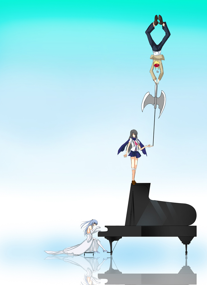 2girls angel_beats! balancing grand_piano halberd instrument multiple_girls piano polearm reflection shiina_(angel_beats!) shiraha tenshi_(angel_beats!) tk_(angel_beats!) weapon