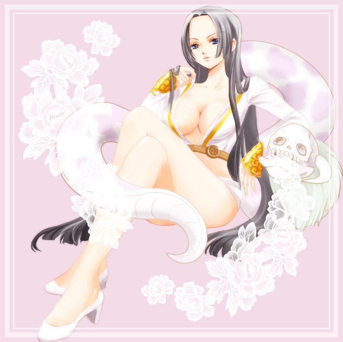 amazon artist_request bare_legs black_hair blue_eyes boa_hancock breasts cleavage large_breasts long_hair no_bra one_piece salome_(one_piece) shoes sitting skull snake very_long_hair