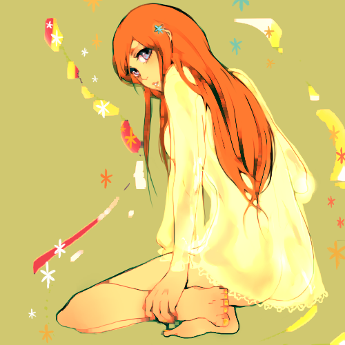 bad_id bad_pixiv_id barefoot bleach hair_ornament inoue_orihime long_hair looking_back lowres orange_hair see-through solo souno_kazuki