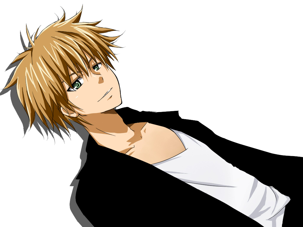 blonde_hair casual green_eyes jacket kaichou_wa_maid-sama! male_focus simple_background smile solo usui_takumi