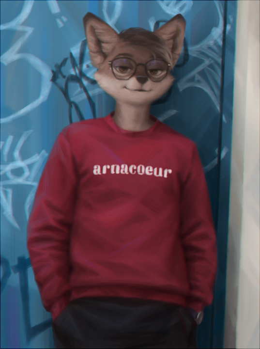 anthro bottomwear brown_body brown_eyes brown_fur brown_hair canid canine canis clock clothed clothing countershade_face countershading curtains eyewear front_view fur glasses grey_countershading hair half-closed_eyes half-length_portrait hands_in_pockets looking_at_viewer male mammal narrowed_eyes pants photorealism pockets portrait smile solo sweater terry_grimm topwear watch wolf wristwatch