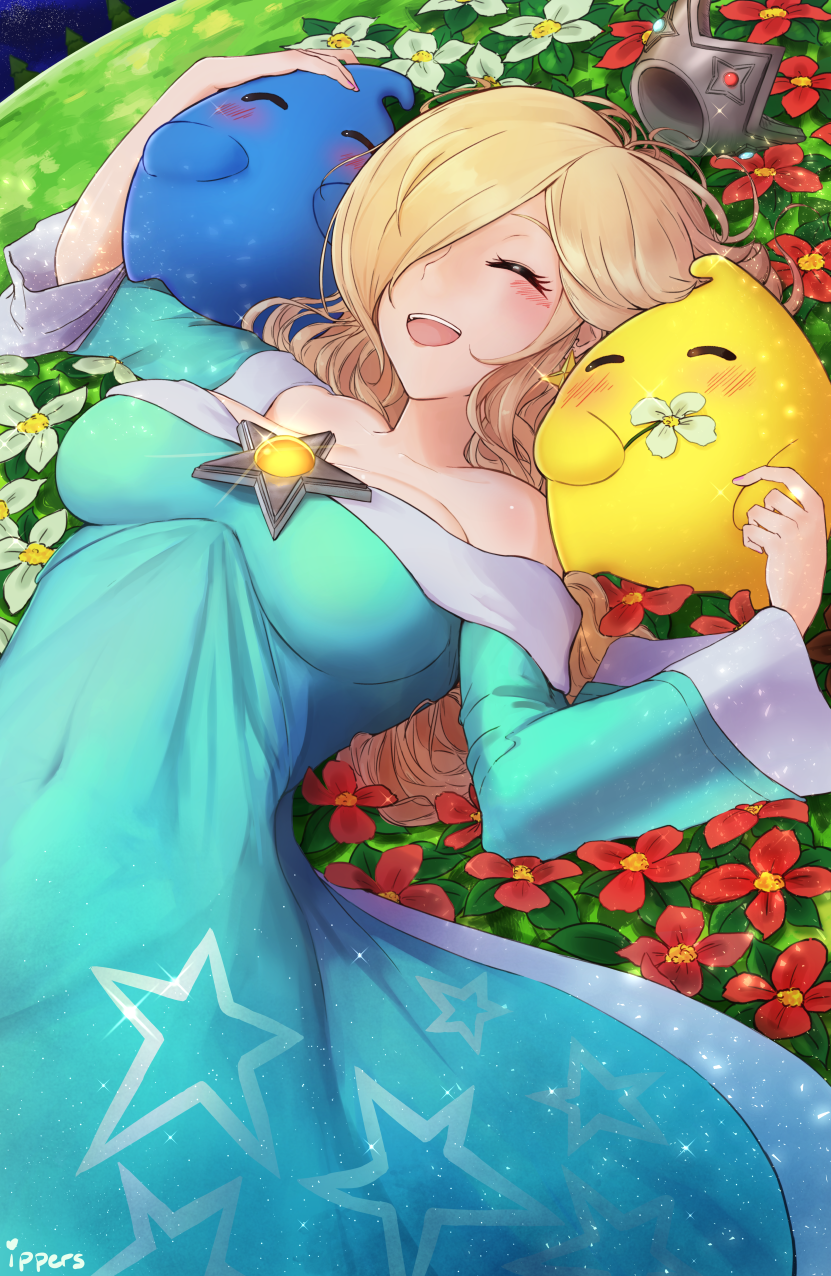 1girl 2others blonde_hair blue_dress blush breasts chiko_(mario) cleavage closed_eyes crown dress flower grass hair_over_one_eye happy highres ippers mario_(series) mini_crown multiple_others open_mouth rosalina smile strapless strapless_dress super_mario_galaxy