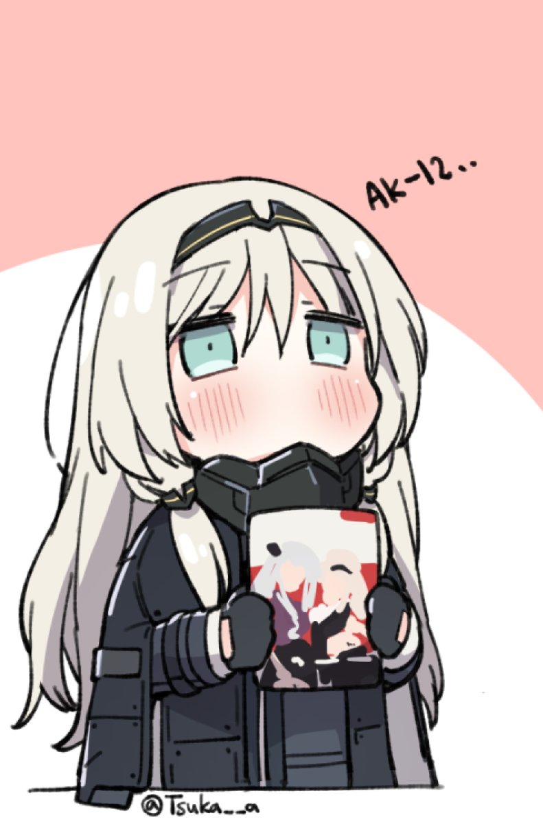 1girl an-94_(girls_frontline) aqua_eyes bangs black_gloves blush eyebrows_visible_through_hair gas_mask girls_frontline gloves hairband holding jacket_on_shoulders long_hair long_sleeves manga_(object) solo tsuka twitter_username white_hair