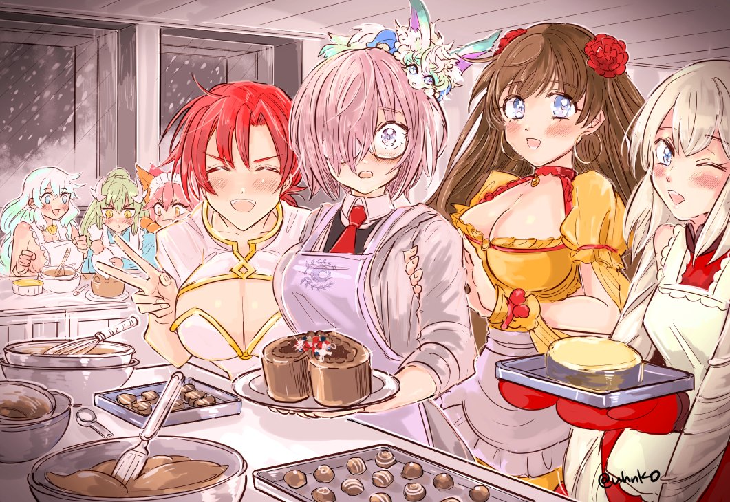 6+girls animal animal_on_head apron artemis_(fate/grand_order) boudica_(fate/grand_order) breasts cake candy chocolate chocolate_heart cleavage cooking earrings fate/grand_order fate_(series) food fou_(fate/grand_order) glasses hair_over_one_eye heart hoop_earrings horns jewelry kitchen kiyohime_(fate/grand_order) large_breasts maid_headdress marie_antoinette_(fate/grand_order) mash_kyrielight mata_hari_(fate/grand_order) multiple_girls necktie on_head one_eye_closed signature tamamo_(fate)_(all) tamamo_cat_(fate) uhana v