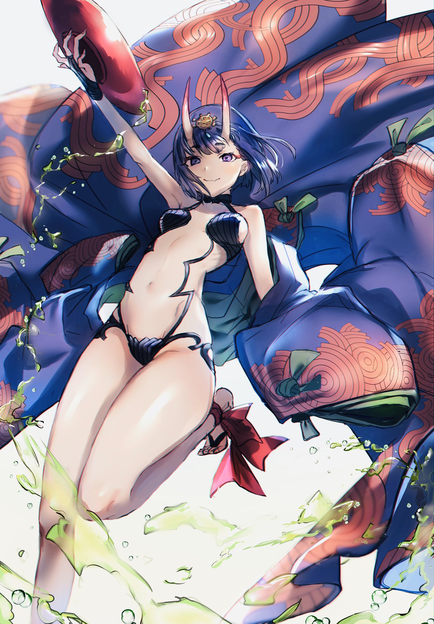 1girl akebono_kt alcohol arm_up bangs bare_shoulders barefoot_sandals blush bob_cut breasts bridal_gauntlets closed_mouth collarbone eyeliner fate/grand_order fate_(series) feet headpiece highres horns japanese_clothes kimono long_sleeves looking_at_viewer makeup navel oni oni_horns open_clothes open_kimono purple_eyes purple_hair purple_kimono revealing_clothes sake short_eyebrows short_hair shuten_douji_(fate/grand_order) simple_background small_breasts smile solo thighs white_background wide_sleeves