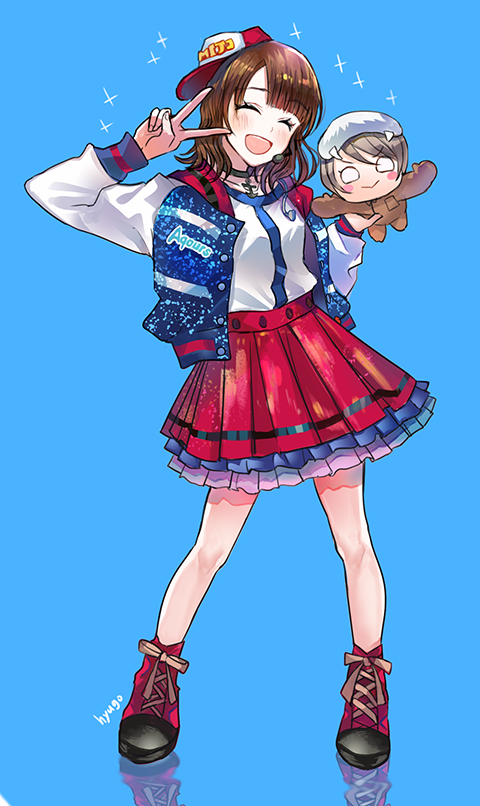 1girl :&gt; :d ^_^ anchor_choker artist_name bangs baseball_cap black_choker blue_background blush blush_stickers boots brown_hair character_doll choker closed_eyes clothes_writing doll full_body grey_hair group_name hat holding holding_doll hyugo jacket layered_skirt long_sleeves love_live! love_live!_sunshine!! mascot_costume medium_hair nesoberi o_o open_mouth pleated_skirt red_skirt reflective_floor saitou_shuka seiyuu seiyuu_connection sideways_hat skirt smile solo sparkle standing uchicchii v_over_eye walrus_costume watanabe_you