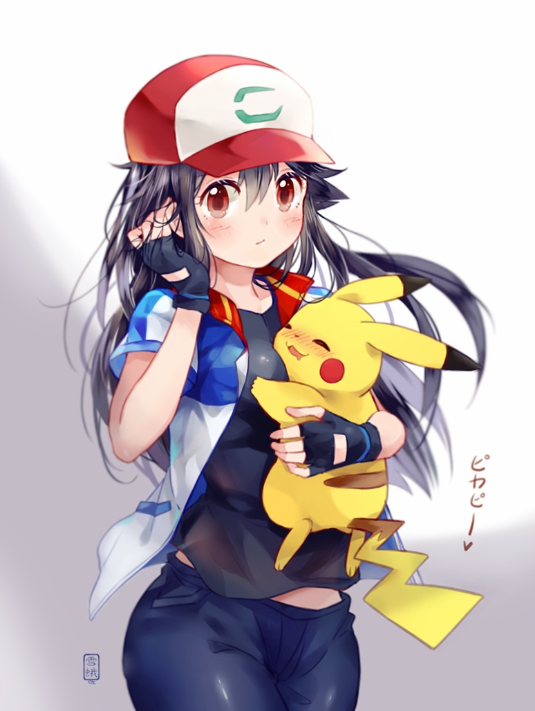 baseball_cap between_breasts black_hair black_shirt blue_pants blush blush_stickers breasts brown_eyes closed_mouth clothes collarbone commentary_request drooling fingerless_gloves gen_1_pokemon genderswap genderswap_(mtf) gloves hat jacket long_hair looking_at_viewer multicolored multicolored_clothes multicolored_jacket open_clothes open_jacket pants pikachu pokemon pokemon_(anime) pokemon_(creature) pokemon_m21 red_headwear satoshi_(pokemon) shirt short_sleeves simple_background translation_request xue_ezi