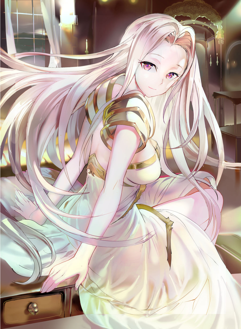 119 1girl breasts closed_mouth dress fate/zero fate_(series) floating_hair hair_intakes highres indoors irisviel_von_einzbern long_hair looking_at_viewer medium_breasts pink_eyes sideboob silver_hair sitting sleeveless sleeveless_dress smile solo very_long_hair white_dress