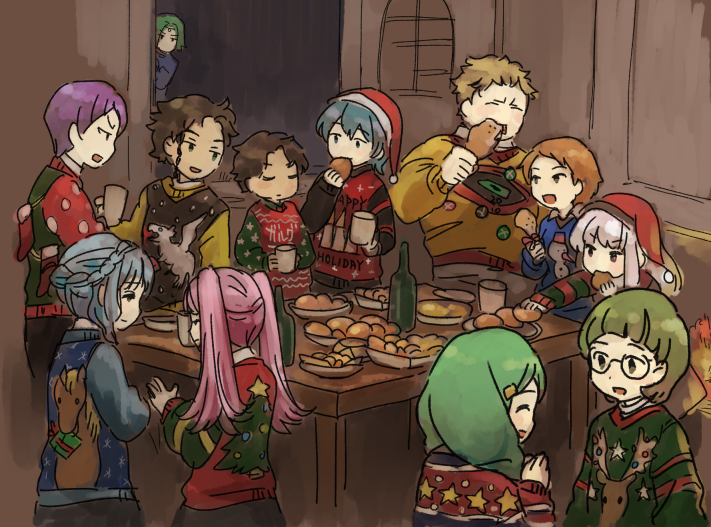 5girls 6+boys alternate_costume blonde_hair blue_hair braid brother_and_sister brown_hair byleth_(fire_emblem) byleth_(fire_emblem)_(male) claude_von_riegan closed_eyes closed_mouth crown_braid cup cyril_(fire_emblem) dark_skin dark_skinned_male eating fire_emblem fire_emblem:_three_houses flayn_(fire_emblem) food from_behind from_side glass glasses green_hair hair_ornament hat hilda_valentine_goneril holding holding_cup ignatz_victor leonie_pinelli long_hair long_sleeves lorenz_hellman_gloucester lysithea_von_ordelia marianne_von_edmund mug multiple_boys multiple_girls open_mouth orange_hair peeking_out pink_hair pirihiba pom_pom_(clothes) purple_hair raphael_kirsten red_headwear santa_hat seteth_(fire_emblem) short_hair siblings sweater table twintails white_hair