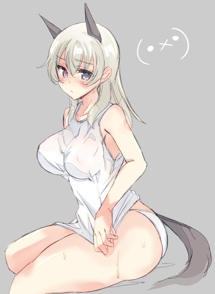 1girl abenattou animal_ears bangs blue_eyes blush breasts closed_mouth commentary dog_ears dog_tail eila_ilmatar_juutilainen emoticon eyebrows_visible_through_hair frown large_breasts long_hair looking_at_viewer panties see-through shirt shirt_tug silver_hair simple_background sitting solo strike_witches tail tank_top thighs underwear underwear_only wet wet_clothes wet_shirt white_panties white_shirt world_witches_series