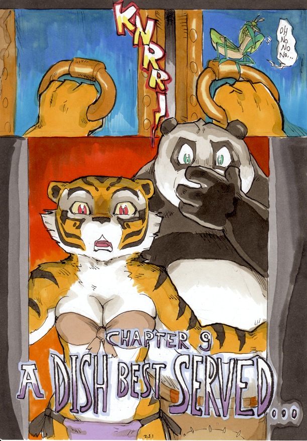 2014 anthro arthropod better_late_than_never breasts cleavage clothed clothing comic daigaijin dialogue dreamworks english_text felid female fur giant_panda insect kung_fu_panda male mammal mantis master_mantis master_po_ping master_tigress multicolored_body multicolored_fur painting_(artwork) pantherine speech_bubble text tiger traditional_media_(artwork) ursid watercolor_(artwork)