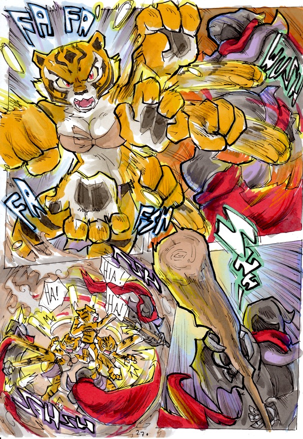 2014 angry anthro better_late_than_never breasts cleavage clothed clothing comic daigaijin dreamworks english_text felid female fight kung_fu_panda mammal master_tigress melee_weapon painting_(artwork) pantherine polearm staff su_wu text tiger traditional_media_(artwork) watercolor_(artwork) weapon