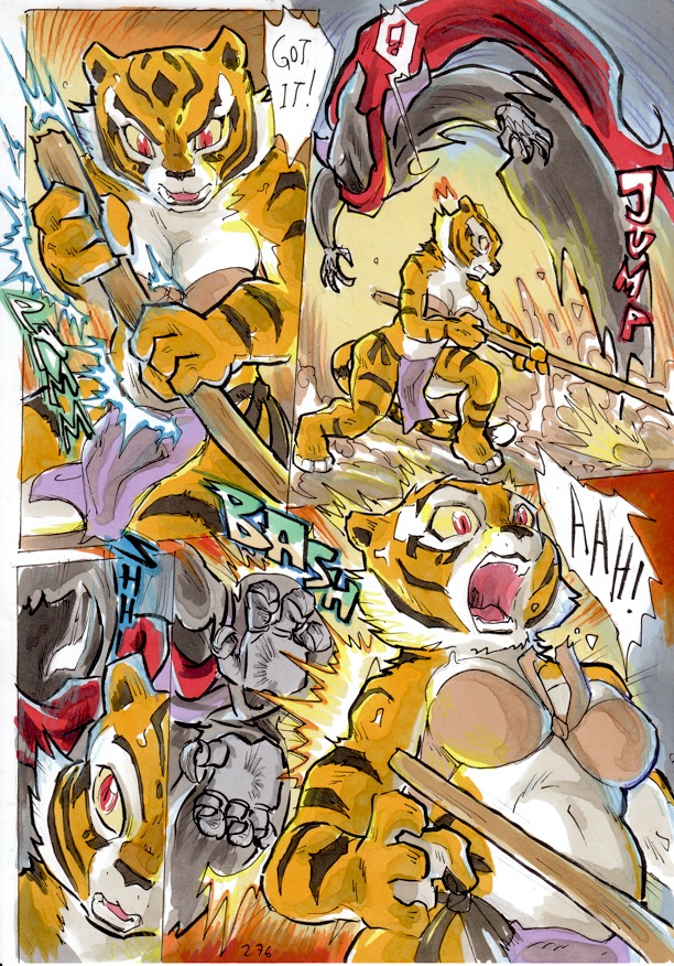 ! 2014 anthro better_late_than_never big_breasts breasts cleavage clothed clothing comic daigaijin dreamworks english_text felid female fight fur kung_fu_panda mammal master_tigress melee_weapon multicolored_body multicolored_fur painting_(artwork) pantherine polearm staff su_wu text tiger traditional_media_(artwork) watercolor_(artwork) weapon