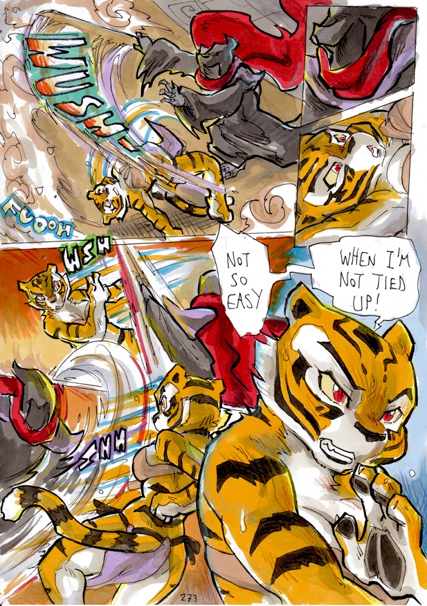 2014 anthro better_late_than_never breasts cleavage clothed clothing comic daigaijin dialogue dreamworks english_text felid female fight fur kung_fu_panda male mammal master_tigress multicolored_body multicolored_fur painting_(artwork) pantherine speech_bubble su_wu text tiger traditional_media_(artwork) watercolor_(artwork)