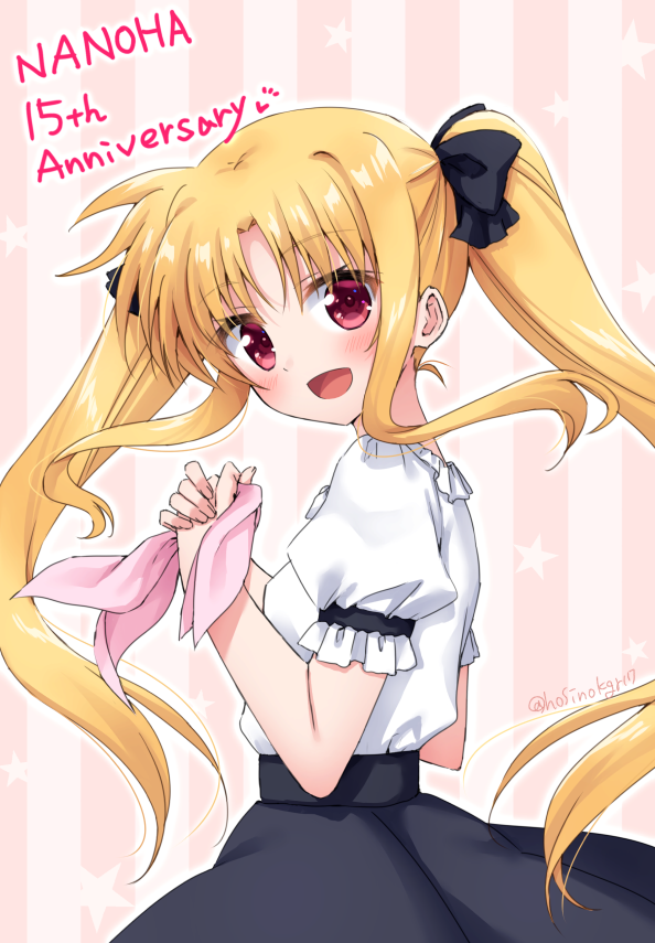 1girl anniversary bangs black_ribbon black_skirt blonde_hair copyright_name english_text eyebrows_visible_through_hair fate_testarossa frilled_sleeves frills hair_ribbon head_tilt heart high-waist_skirt holding holding_ribbon hoshino_kagari long_hair looking_at_viewer lyrical_nanoha mahou_shoujo_lyrical_nanoha open_mouth outline pink_background pink_ribbon puffy_short_sleeves puffy_sleeves red_eyes ribbon shirt short_sleeves skirt smile solo standing star starry_background striped striped_background twintails twitter_username vertical-striped_background vertical_stripes white_outline white_shirt