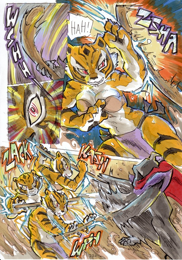 2014 anthro better_late_than_never breasts cleavage clothed clothing comic daigaijin dreamworks felid female fight fur kung_fu_panda male mammal master_tigress multicolored_body multicolored_fur painting_(artwork) pantherine su_wu tiger traditional_media_(artwork) watercolor_(artwork)