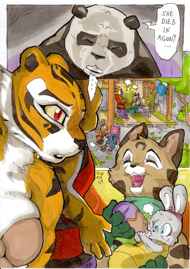 2014 anthro better_late_than_never chinese_mountain_cat comic daigaijin dialogue domestic_pig dreamworks english_text felid feline felis female flashback fur giant_panda group happy kung_fu_panda lagomorph leporid male mammal master_po_ping master_tigress multicolored_body multicolored_fur painting_(artwork) pantherine rabbit smile speech_bubble student_mei_ling suid suina sus_(pig) text tiger traditional_media_(artwork) ursid watercolor_(artwork)