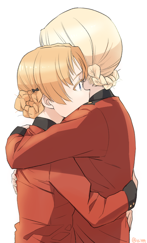 2girls bangs black_ribbon blonde_hair braid commentary darjeeling ei_(akinosakae) epaulettes from_side girls_und_panzer hair_ribbon hug jacket long_sleeves military military_uniform multiple_girls orange_hair orange_pekoe parted_bangs red_jacket ribbon short_hair simple_background st._gloriana's_military_uniform standing tied_hair twin_braids twitter_username uniform upper_body white_background