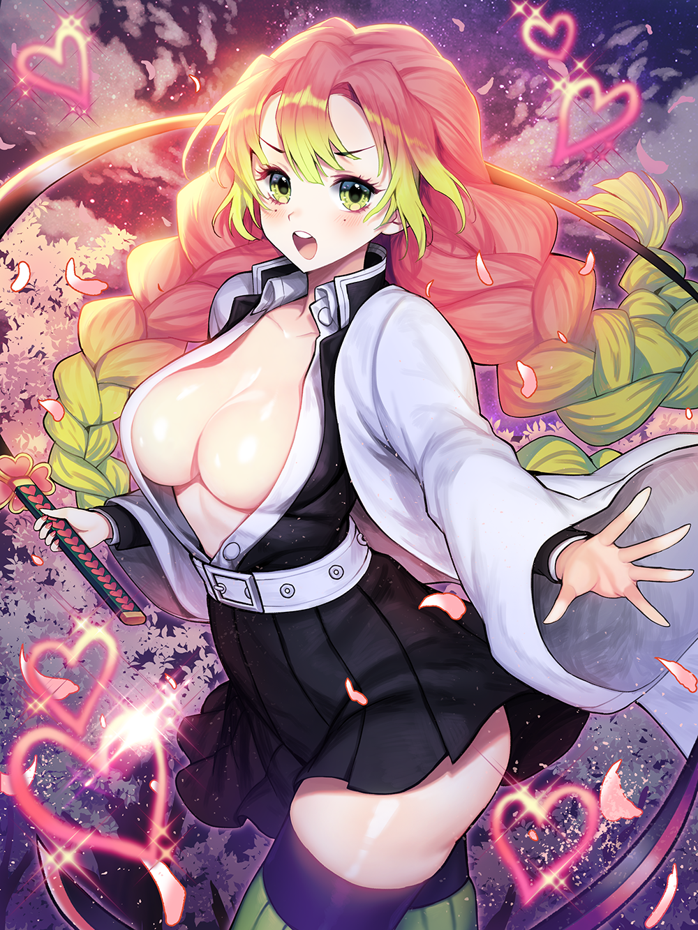 1girl belt blush braid breasts cleavage commentary_request gradient_hair green_eyes green_hair hair_between_eyes haori heart highres japanese_clothes kanroji_mitsuri kimetsu_no_yaiba kyundoo large_breasts long_hair long_sleeves looking_at_viewer mole mole_under_eye multicolored_hair open_clothes open_mouth pink_hair skirt solo thighhighs twin_braids upper_teeth