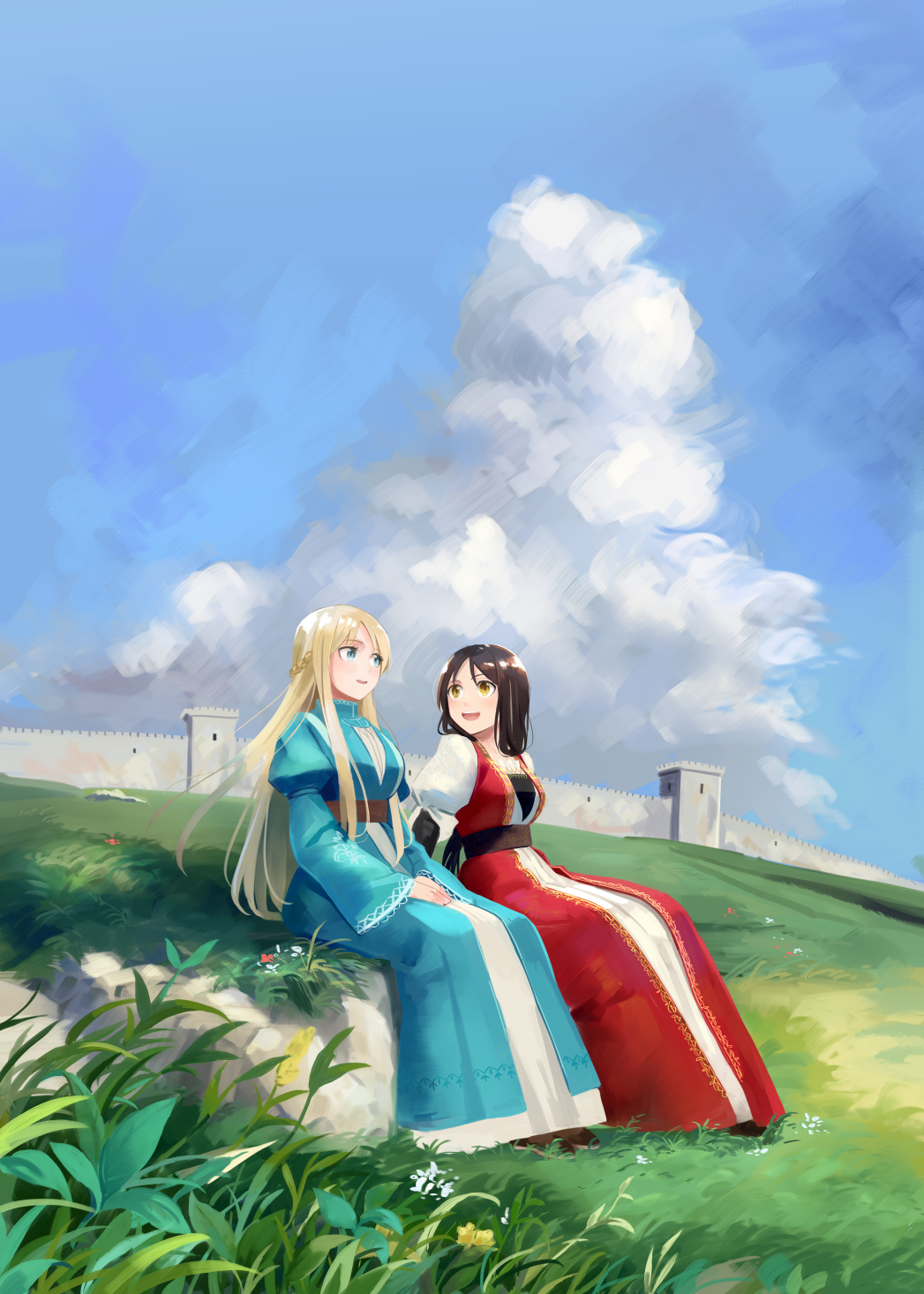 2girls :d aege-kai_wo_wataru_hana-tachi bangs beads blonde_hair blue_dress blue_eyes braid breasts brown_hair day dress fortress grass highres hinoshita_akame juliet_sleeves long_hair long_sleeves looking_at_another meadow multiple_girls music no_headwear on_ground open_mouth own_hands_together puffy_sleeves sitting sky smile traditional_dress very_long_hair yellow_eyes