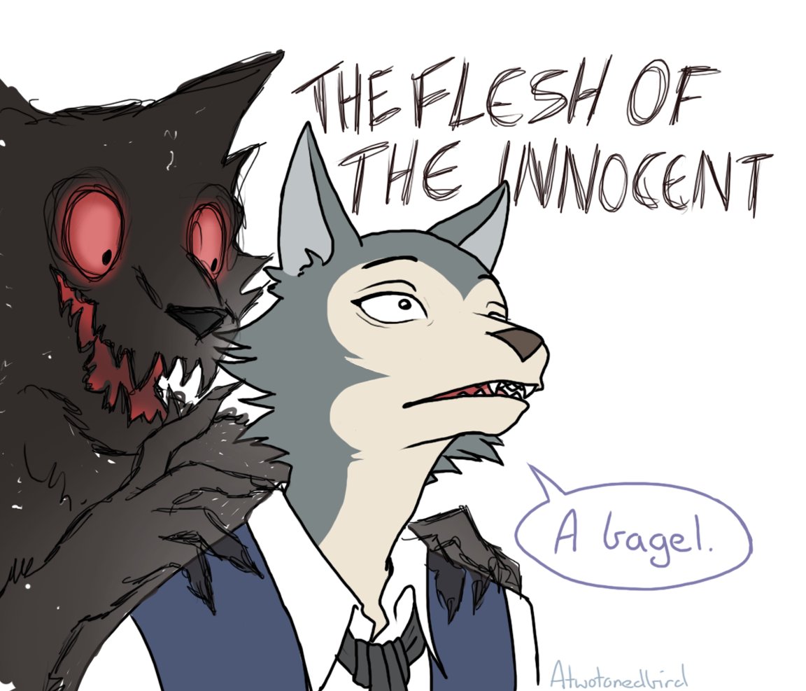 2019 anthro atwotonedbird beastars canid canine canis cheek_tuft clothed clothing comic dialogue duo english_text facial_tuft fur grey_body grey_fur legosi_(beastars) male mammal monster necktie shirt speech_bubble text topwear tuft wolf