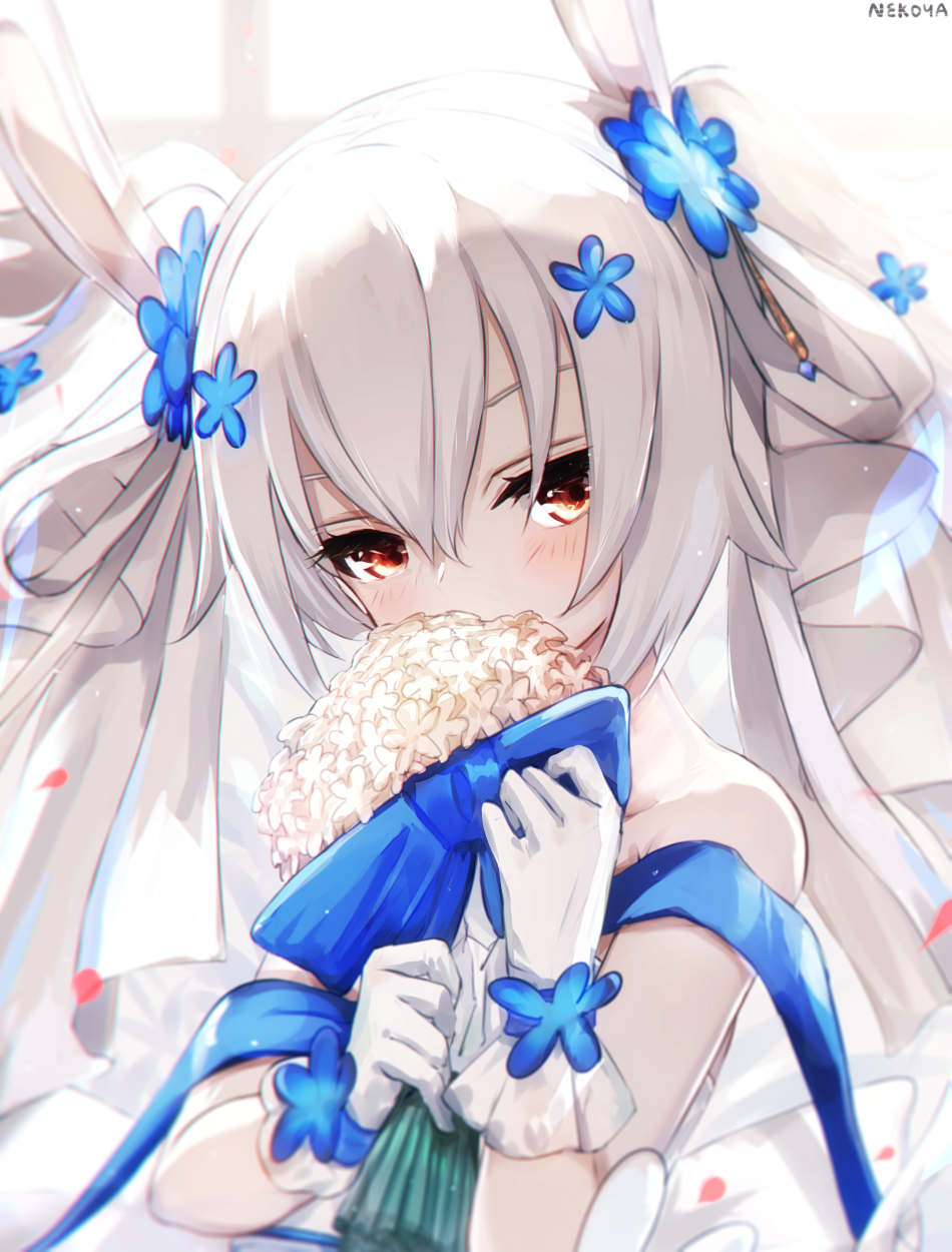 1girl animal_ears azur_lane bangs bare_shoulders blue_flower blurry blurry_background blush bouquet bunny_ears commentary_request depth_of_field dyolf eyebrows_behind_hair flower gloves grey_hair hair_between_eyes hair_flower hair_ornament head_tilt highres holding holding_bouquet laffey_(azur_lane) laffey_(white_rabbit's_oath)_(azur_lane) long_hair looking_at_viewer red_eyes revision signature solo twintails upper_body white_flower white_gloves