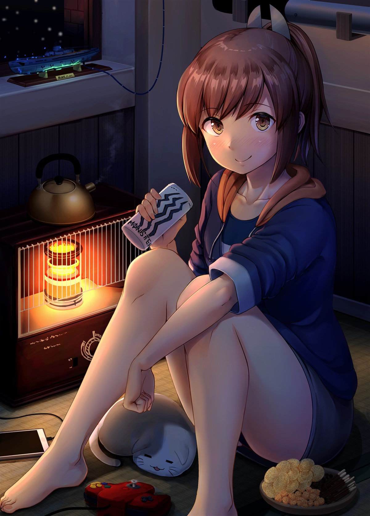1girl barefoot blush breasts brown_eyes brown_hair can cat controller game_console game_controller highres holding holding_can hood hood_down hooded_jacket i-401_(kantai_collection) i-401_(submarine) ichikawa_feesu indoors jacket kantai_collection looking_at_viewer model monster_energy nintendo_64 open_clothes open_jacket open_mouth ponytail school_swimsuit short_hair sitting smile solo submarine swimsuit swimsuit_under_clothes tan thighs watercraft