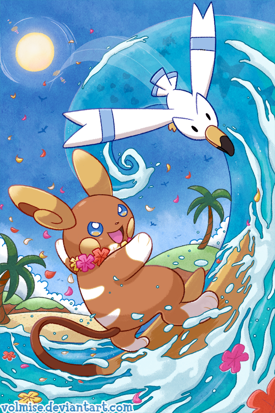 2017 alolan_raichu avian back_markings beach beak blue_eyes brown_body digital_media_(artwork) duo_focus feathers flower_petals gloves_(marking) group large_group lei luvdisc markings nintendo open_mouth open_smile outside palm_tree petals pok&eacute;mon pok&eacute;mon_(species) regional_variant seaside smile staryu sun surfing text tree tropical url video_games volmise water wave white_body white_feathers white_markings wingull yellow_beak yellow_cheeks