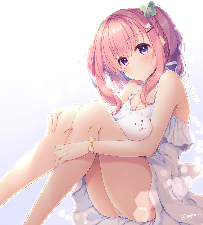 1girl ass bare_legs bare_shoulders bracelet breasts cleavage commentary_request dress hair_ornament hairclip halter_dress jewelry knees_up long_hair looking_at_viewer mizukoshi_mayu original panties panties_day pink_hair purple_eyes sidelocks simple_background sitting sleeveless sleeveless_dress small_breasts solo twitter_username underwear white_background white_dress white_panties