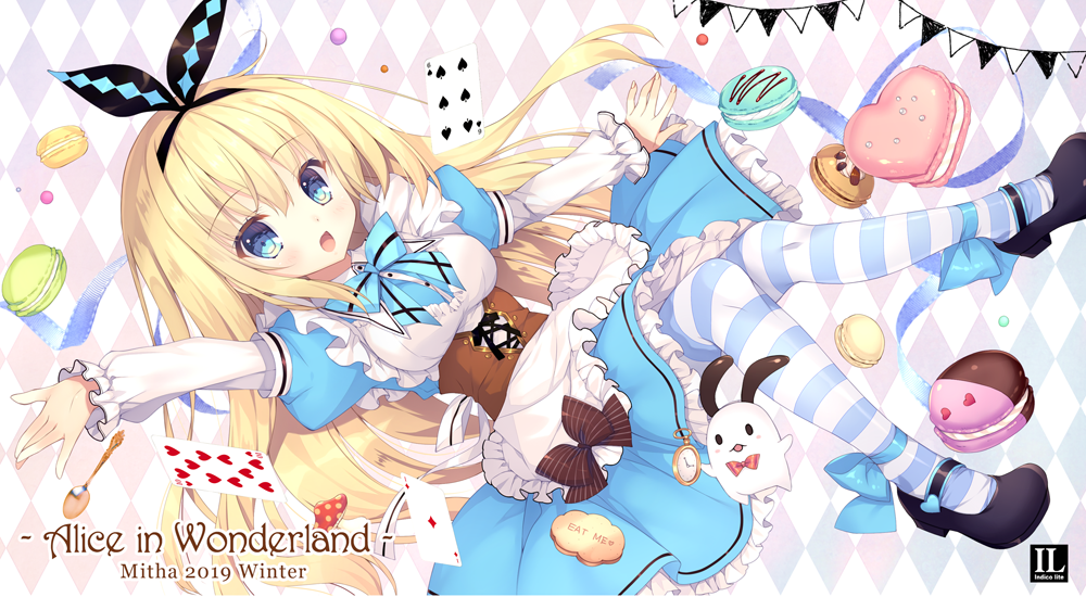 1girl :d alice_(wonderland) alice_in_wonderland animal apron argyle argyle_background bangs black_footwear black_ribbon blonde_hair blue_dress blue_eyes blush breasts bunny card commentary_request dress eyebrows_visible_through_hair food frilled_apron frilled_dress frills hair_between_eyes hair_ribbon heart long_hair long_sleeves looking_at_viewer macaron mary_janes medium_breasts mitha open_mouth outstretched_arm pantyhose pennant playing_card puffy_short_sleeves puffy_sleeves ribbon shoes short_over_long_sleeves short_sleeves smile spade_(shape) string_of_flags striped striped_legwear thighhighs very_long_hair white_apron white_rabbit
