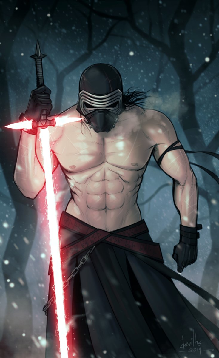 abs bare_tree biceps black_hair chain devilhs energy_sword gloves highres kylo_ren lightsaber mask nipples shirtless sith snowing star_wars sword tree weapon