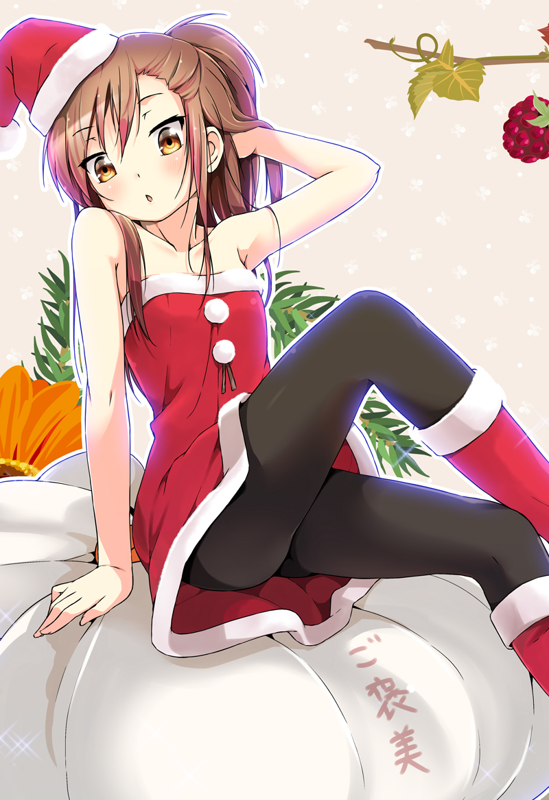 1girl arm_support armpits bangs bare_arms bare_shoulders berries black_legwear blush boots breasts brown_background brown_eyes brown_hair cafe-chan_to_break_time cafe_(cafe-chan_to_break_time) christmas collarbone commentary_request crossed_legs dress eyebrows_visible_through_hair feet_out_of_frame fur-trimmed_boots fur-trimmed_dress fur_trim hair_between_eyes hand_in_hair hand_up hat knee_up long_hair pantyhose parted_lips porurin red_dress red_footwear red_headwear santa_costume santa_hat sitting small_breasts solo sparkle strapless strapless_dress tilted_headwear