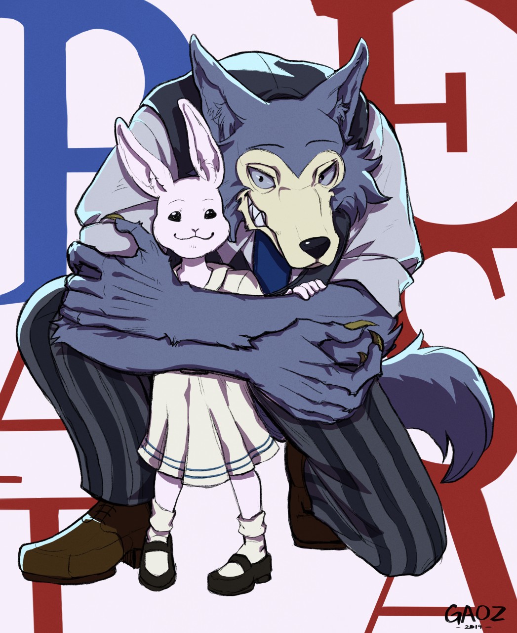 anthro beastars canid canine canis clothing digital_media_(artwork) female fur grey_body grey_fur haru_(beastars) hi_res hug kneeling lagomorph legosi_(beastars) leporid male mammal rabbit size_difference smile white_body white_fur wolf wolfgaoz