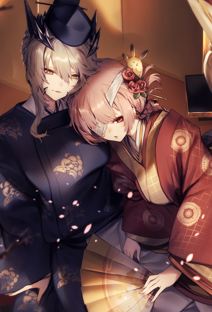 2girls artoria_pendragon_(all) artoria_pendragon_(lancer_alter) bandage_over_one_eye bangs braid closed_mouth facial_mark fan fate/grand_order fate_(series) florence_nightingale_(fate/grand_order) flower folding_fan from_above grey_hair hair_between_eyes hair_flower hair_ornament hair_stick hat headpiece heian holding holding_fan japanese_clothes karaginu_mo kariginu kimono kyouya_(mukuro238) layered_clothing layered_kimono leaning_on_person leaning_to_the_side lipstick makeup multiple_girls one_eye_covered pink_hair red_eyes red_lips sidelocks sitting smile tate_eboshi wide_sleeves yellow_eyes