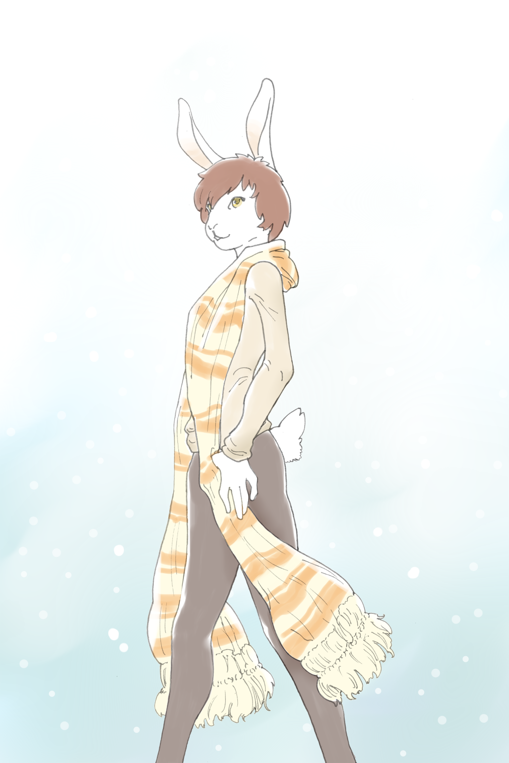 9x9 anthro clothed clothing hi_res lagomorph leporid male mammal rabbit scarf snow solo walking winter
