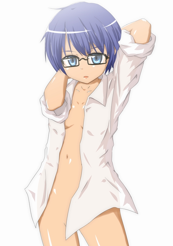 bad_id bad_pixiv_id bottomless flat_chest glasses hidamari_sketch naka no_panties open_clothes open_shirt sae shirt short_hair simple_background sleeves_rolled_up solo white_background