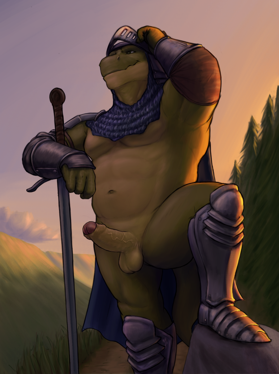 anthro armor balls forest hi_res humanoid_penis male male_focus medieval melee_weapon noodlewd outside penis reptile scalie solo solo_focus sword tree uncut weapon
