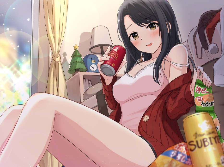 1girl alarm_clock bare_shoulders black_bra black_hair blush bonsai bra breasts brown_eyes camisole can cardigan clock hat holding holding_can knees_up lampshade long_hair looking_at_viewer medium_breasts mugi_(banban53) open_cardigan open_clothes open_mouth original pink_shirt red_cardigan santa_hat shirt short_shorts shorts sidelocks sitting smile solo star strap_slip thighs underwear