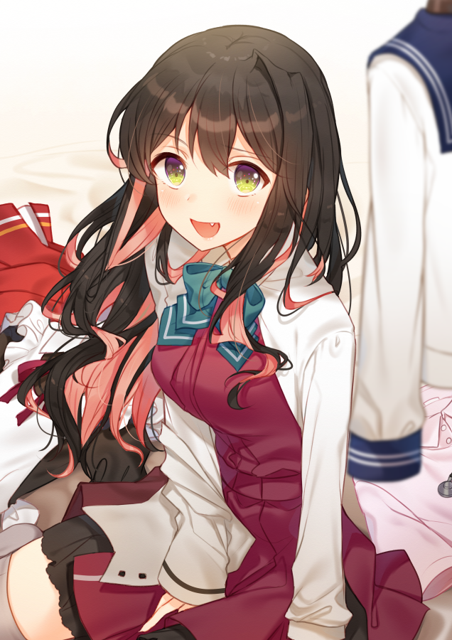 1girl bangs black_hair blue_neckwear blush bow bowtie breasts commentary_request dress eyebrows_visible_through_hair fang frills green_eyes hiiragi_souren kantai_collection long_hair long_sleeves looking_at_viewer multicolored_hair naganami_(kantai_collection) open_mouth pink_hair purple_dress remodel_(kantai_collection) sailor_collar shirt sitting solo two-tone_hair wavy_hair white_shirt