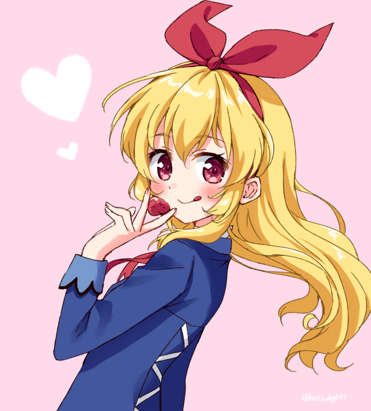 1girl :q aikatsu! aikatsu!_(series) bangs blazer blonde_hair blue_jacket blush closed_mouth eyebrows_visible_through_hair food fruit hair_between_eyes hair_ribbon hand_up heart holding holding_food hoshimiya_ichigo hoshino_kagari jacket long_hair long_sleeves looking_at_viewer looking_to_the_side pink_background red_eyes red_ribbon ribbon school_uniform smile solo starlight_academy_uniform strawberry tongue tongue_out twitter_username upper_body