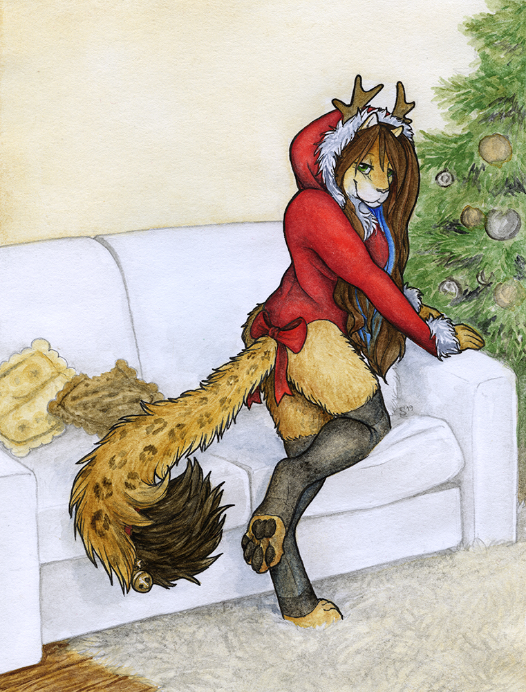 2018 :3 anthro bedroom_eyes bell big_tail black_pawpads blue_hair brown_hair butt_pose christmas christmas_lingerie christmas_tree clothed clothing cougar dipstick_tail felid feline female fluffy fluffy_tail furniture hair happy hindpaw holidays hood inside jingle_bell kneeling kneesocks legwear leotard living_room long_hair looking_at_viewer mammal multicolored_hair multicolored_tail narrowed_eyes omega_(samantha-dragon) on_sofa painting_(artwork) pawpads paws pillow playful pose red_hood red_leotard reindeer_antlers ribbons samantha-dragon seductive smile socks sofa solo stockings tail_bow tail_ribbon thigh_highs thigh_socks three-quarter_view toeless_legwear toeless_socks traditional_media_(artwork) tree two_tone_hair watercolor_(artwork)