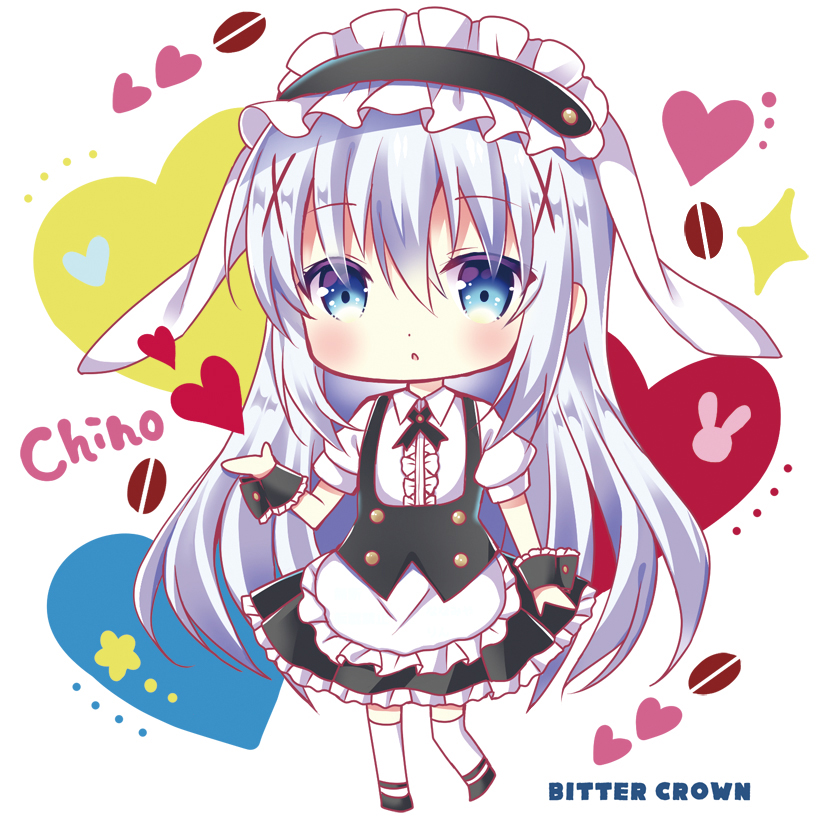 1girl :o animal_ears apron artist_name bangs bitter_crown black_footwear black_hairband black_skirt blue_eyes blush bunny_ears center_frills character_name chibi collared_shirt commentary_request eyebrows_visible_through_hair fake_animal_ears fleur_de_lapin_uniform floppy_ears frilled_apron frilled_hairband frilled_skirt frills full_body gochuumon_wa_usagi_desu_ka? hair_between_eyes hair_ornament hairband heart kafuu_chino long_hair parted_lips pleated_skirt puffy_short_sleeves puffy_sleeves shirt short_sleeves silver_hair skirt solo standing standing_on_one_leg thighhighs uniform very_long_hair waist_apron waitress white_apron white_background white_legwear white_shirt wrist_cuffs x_hair_ornament