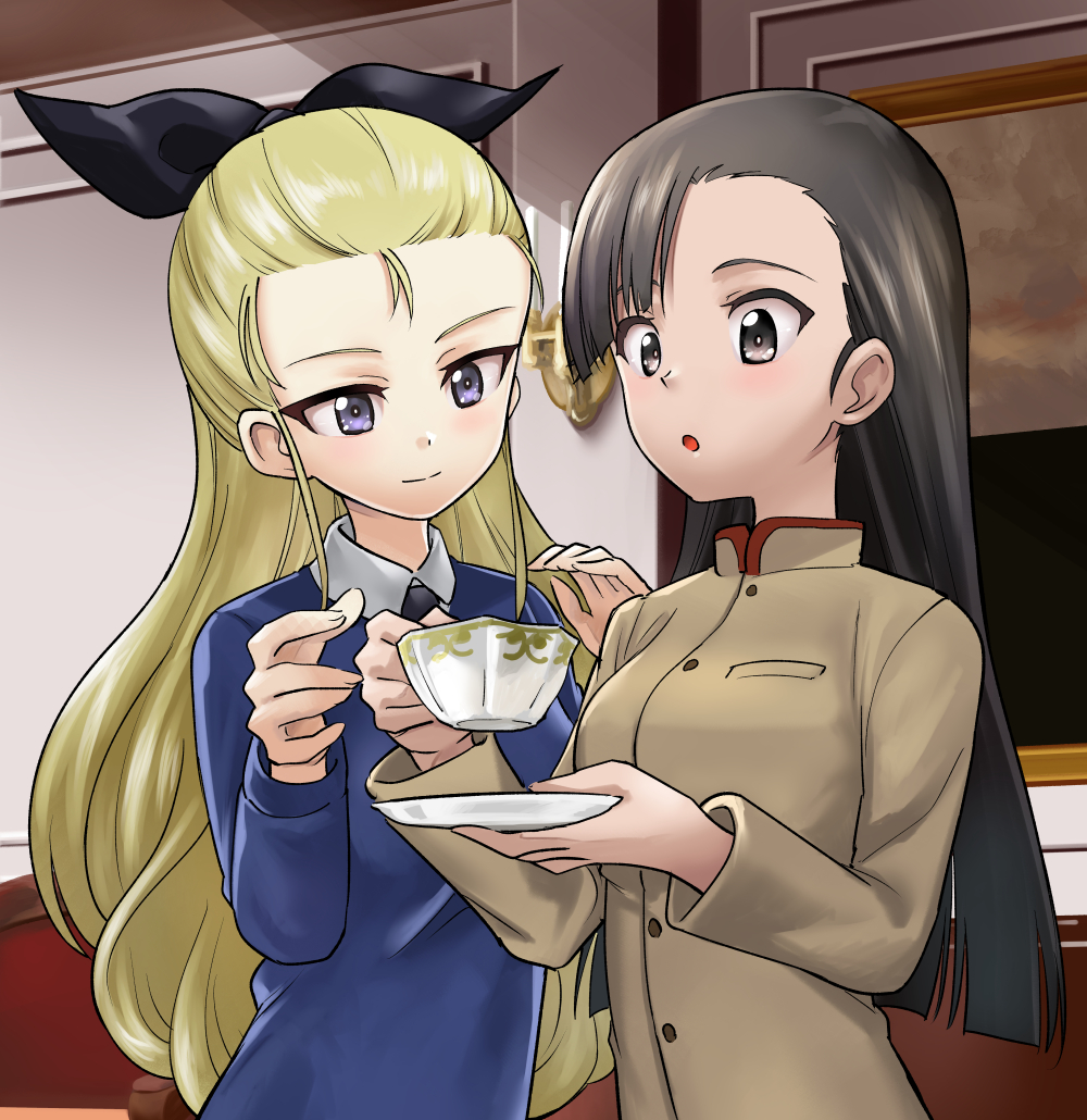 2girls :o aki_(makinoakira) assam asymmetrical_bangs bangs black_neckwear black_ribbon blonde_hair blue_eyes blue_sweater brown_eyes brown_hair brown_jacket chi-hatan_school_uniform closed_mouth commentary_request cup dress_shirt girls_und_panzer hair_pulled_back hair_ribbon high_collar holding holding_cup holding_saucer indoors jacket long_hair long_sleeves multiple_girls necktie nishi_kinuyo open_mouth partial_commentary ribbon saucer school_uniform shirt smile st._gloriana's_school_uniform sweater teacup v-neck white_shirt wing_collar