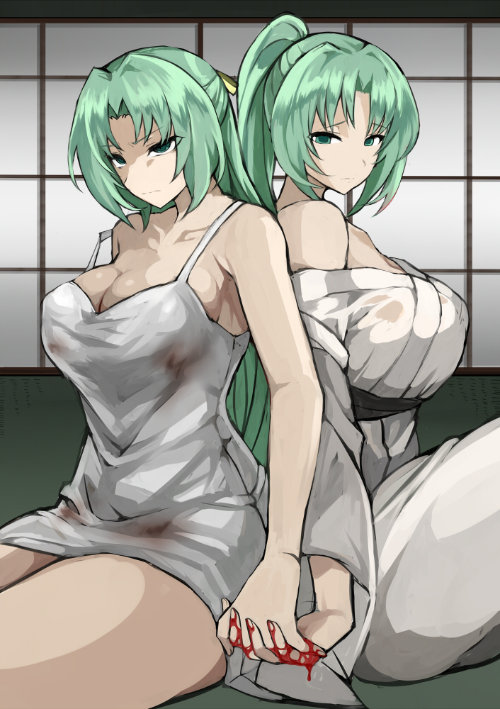 2girls back-to-back blood blood_stain bloody_hands breasts dress green_eyes green_hair higurashi_no_naku_koro_ni holding_hands large_breasts multiple_girls off-shoulder_kimono ponytail puru siblings sonozaki_mion sonozaki_shion twins white_dress