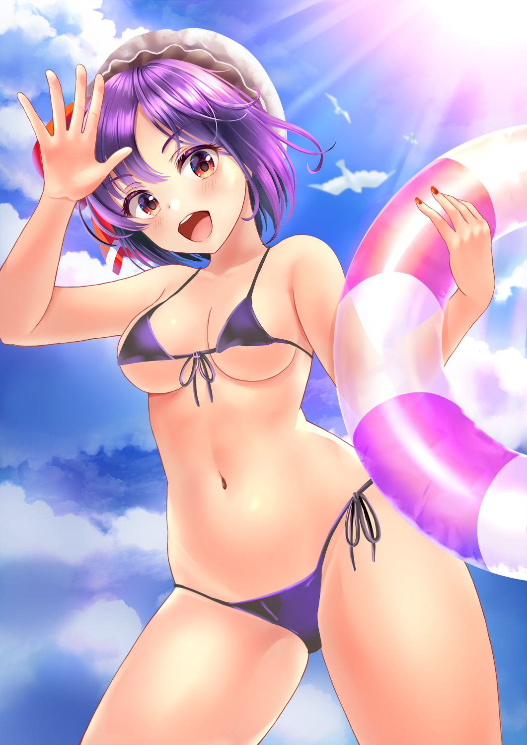 1girl :d bangs bare_arms bare_shoulders bikini bird blue_sky blush breasts cloud collarbone commentary cowboy_shot day front-tie_bikini front-tie_top hands_up hat hat_ribbon head_tilt highres holding innertube looking_at_viewer medium_breasts mob_cap nail_polish navel open_mouth outdoors purple_bikini purple_hair red_eyes red_nails red_ribbon remilia_scarlet ribbon short_hair side-tie_bikini sky smile solo standing stomach sun swimsuit thighs touhou uemura_shun white_headwear