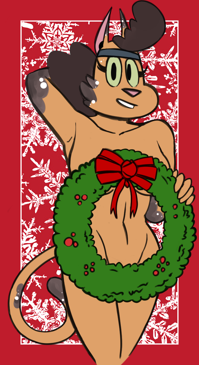 accessory anthro calika christmas covering covering_breasts covering_crotch domestic_cat felid feline felis female green_sclera headband hi_res holidays mammal mighty_magiswords redout smile solo wreath zeigram