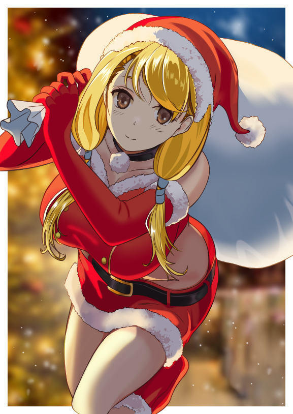 1girl bangs bare_shoulders belt blonde_hair boots breasts brown_eyes choker elbow_gloves fushimi_yuyu gloves hat long_hair looking_at_viewer red_gloves sack salad_tokutaro santa_costume santa_hat skirt smile snow solo usotsuki_mii-kun_to_kowareta_maa-chan